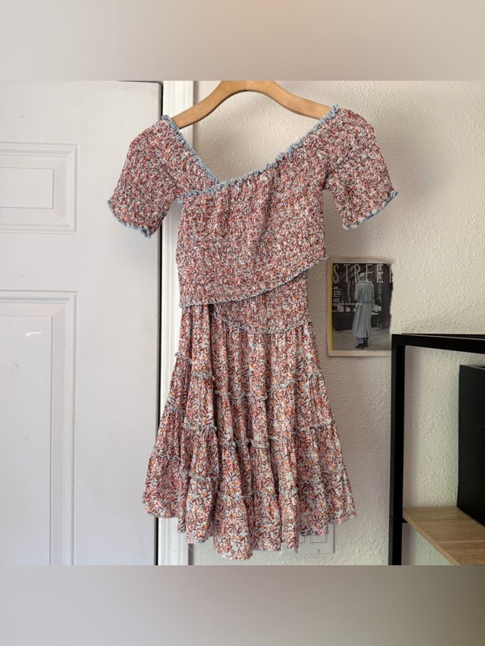 POUPETTE ST BARTH blue rust pink floral smocked tiered off‎ shoulder mini dress